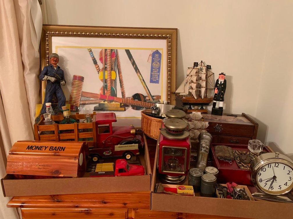 True Value coin bank, surface miner decanter, snuff cans, razor and lanterns