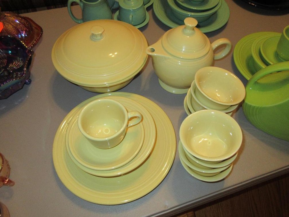 Yellow Fiestaware w/ teapot, cups & covered bowl