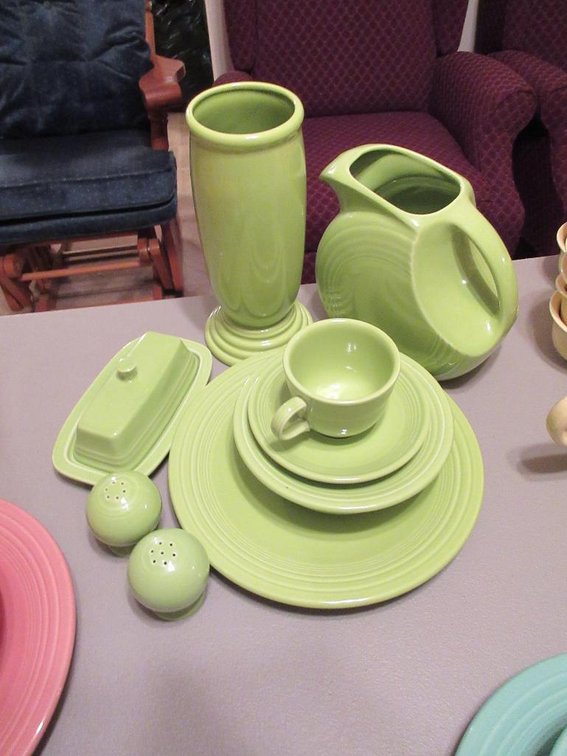 Lime green Fiestaware w/ pitcher, vase, salt & pepper shakers & butter dish