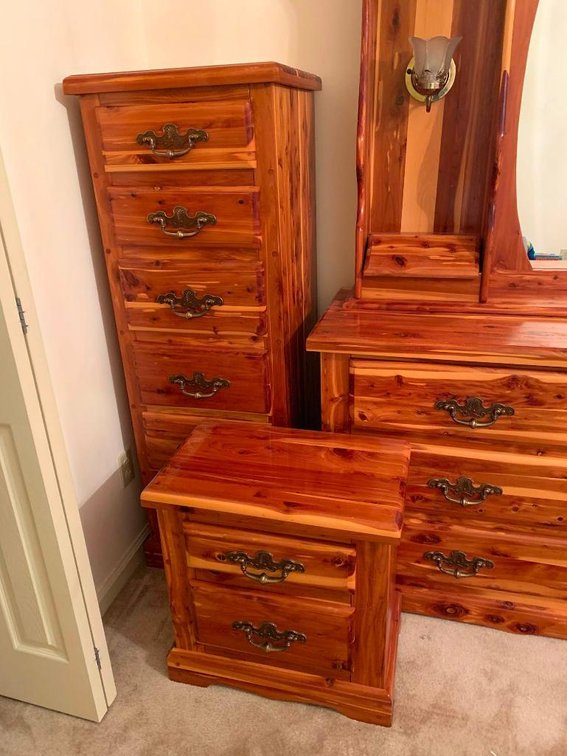 Dresser w/ light & mirror, bedside table and tall chest of drawers
