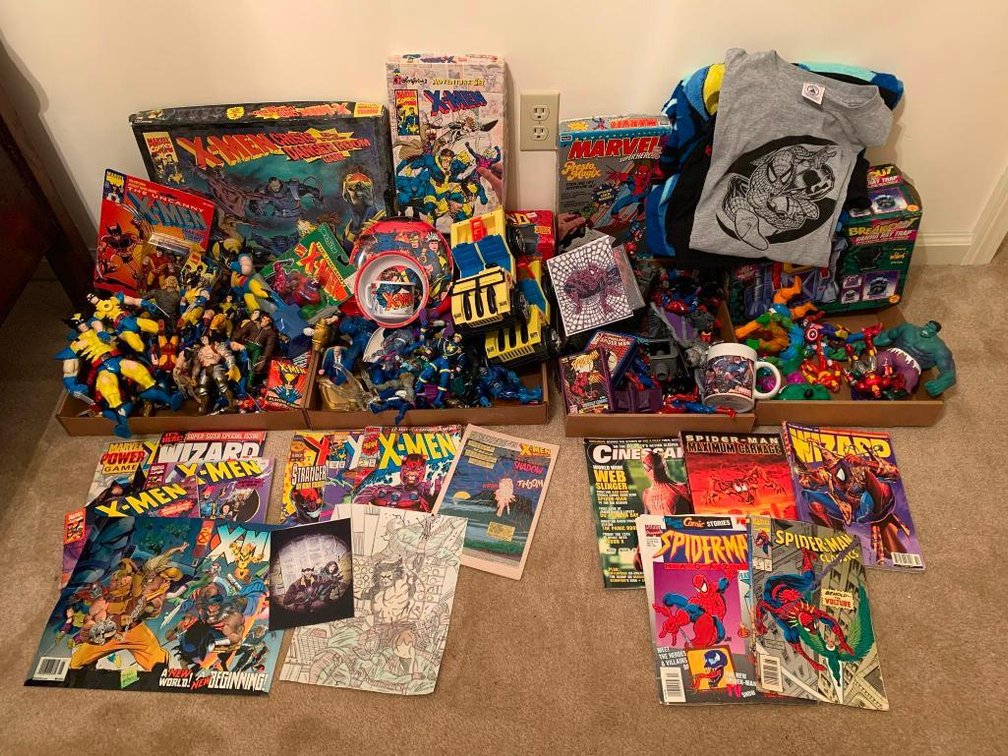 X-Men memorabilia, Spiderman memorabilia and comic books