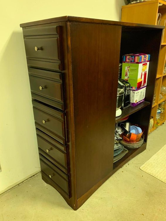 Stand w/ contents of pots, pans, Kenmore mixer, silverware, baking dishes