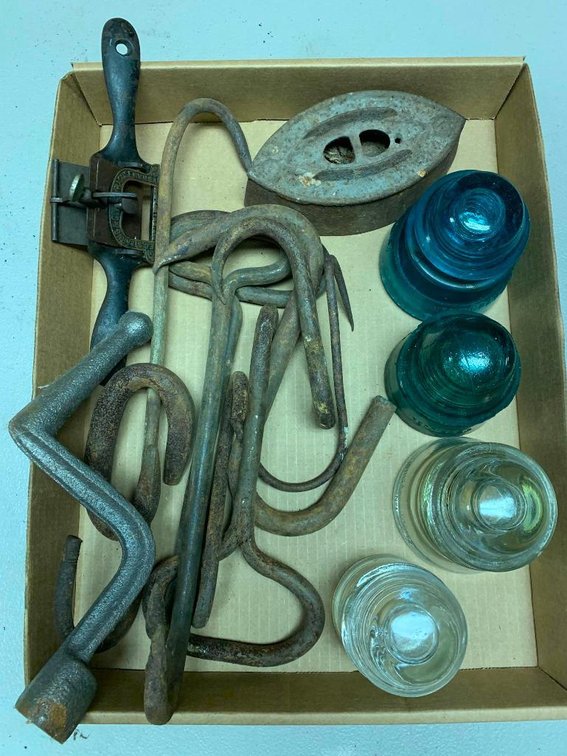 Hog hooks, antique iron, planer & glass insulators
