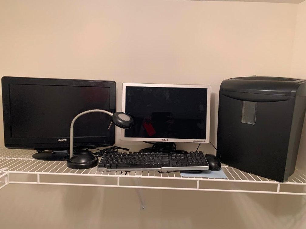 Dell monitor, Sanyo monitor, Dell keyboard, Dell mouse & paper shredder