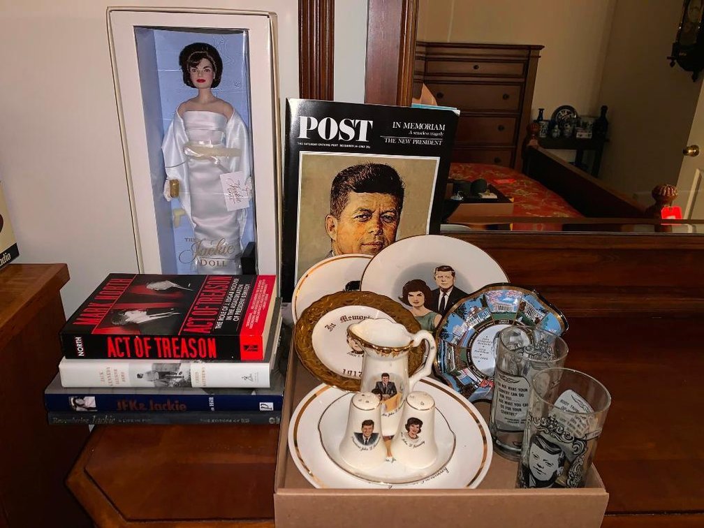 Jackie Kennedy doll, commemorative Kennedy plates, creamer, salt & pepper shakers w/ their faces on them