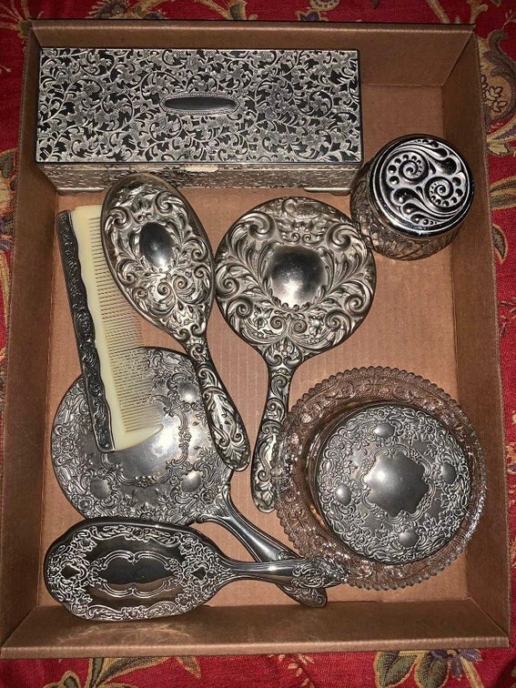 Silver-metal finish ladies' dresser set: comb, powder box, brush, mirror, etc.