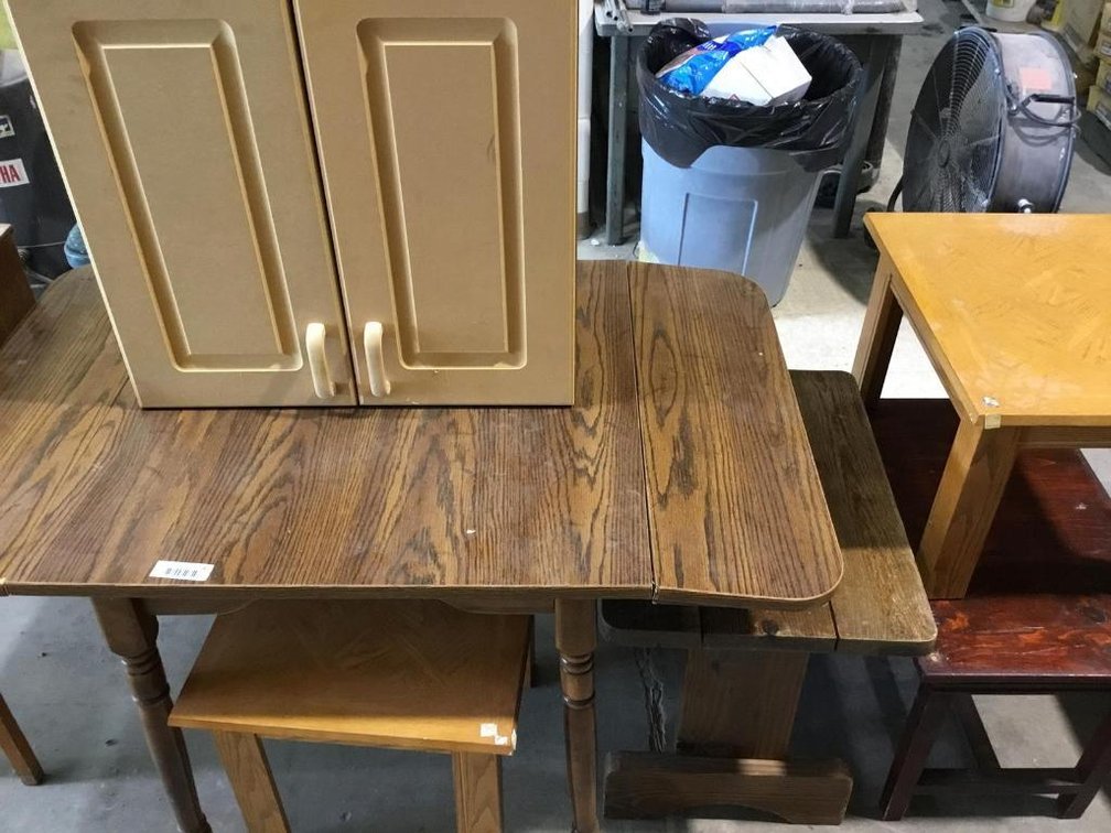 Drop-leaf table, end tables and cabinet