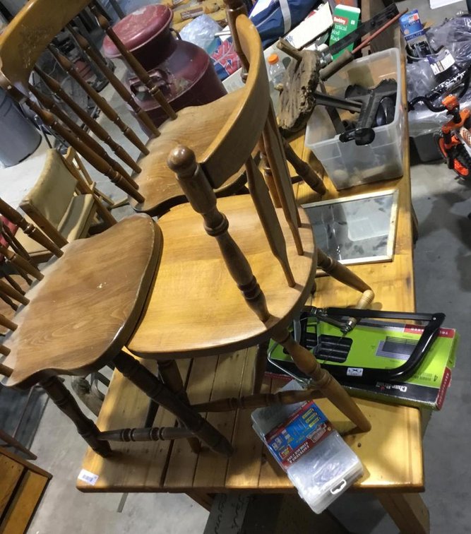 Table on casters, 3 chairs, onion & potato bin and remainder on table