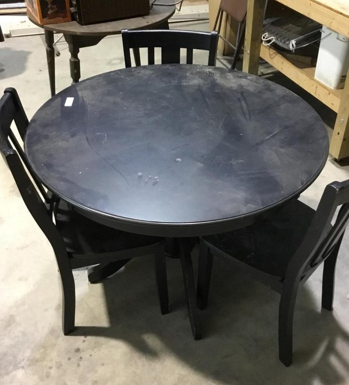 Black wooden pedestal table w/ 3 wooden chairs