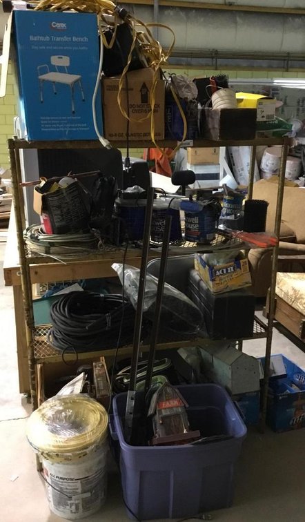 Steel rack and contents: electrical supplies, wire, etc.