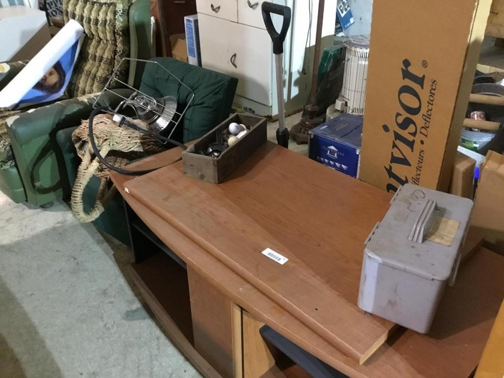 Lot of entertainment stand, child's recliner and chair