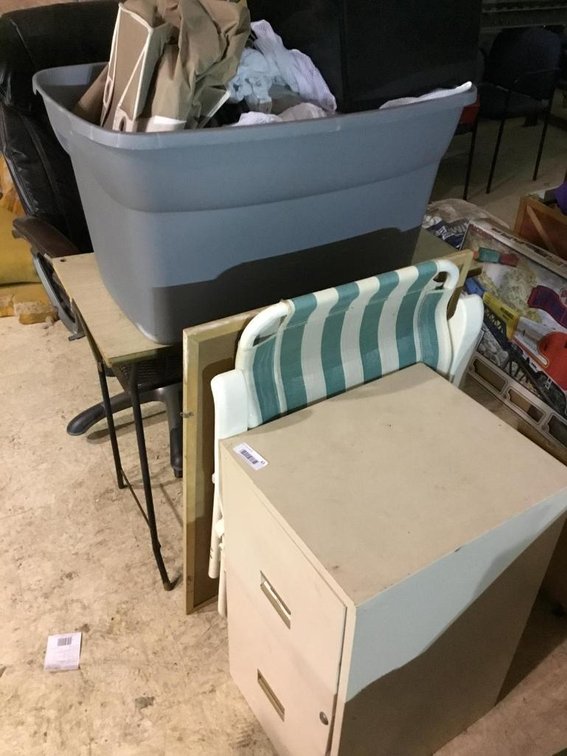 Lot of metal filing cabinet, dry goods, lawn chair, vacuum and rolling office chair