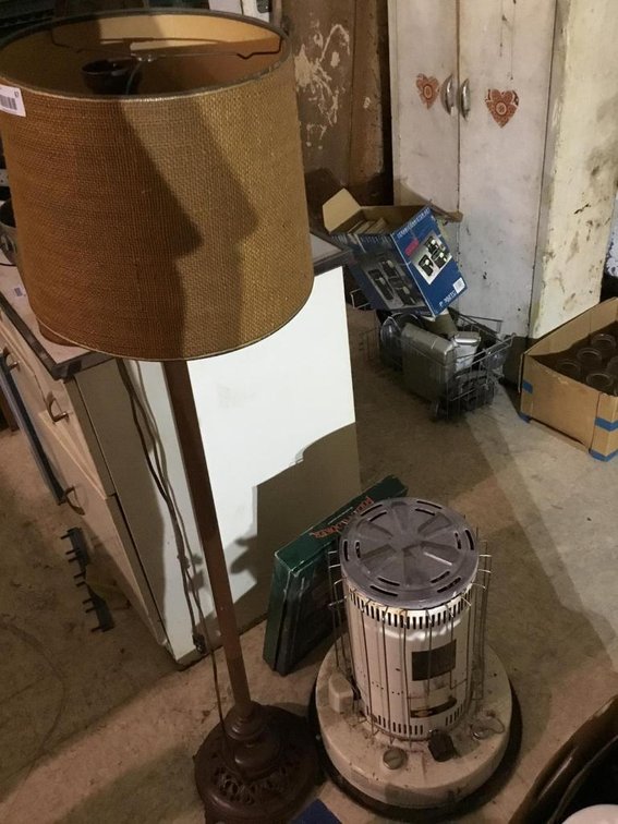Floor lamp, kerosene heater and folding cooler?