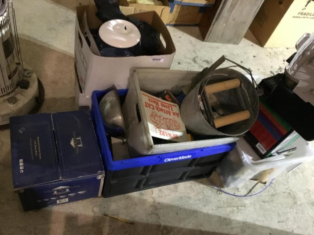 Lot of electrical supplies, mop bucket, totes, etc.