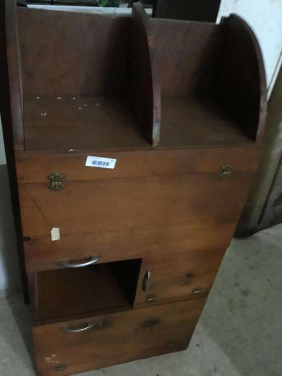 Wooden cabinet, metal filing cabinet and painting supplies
