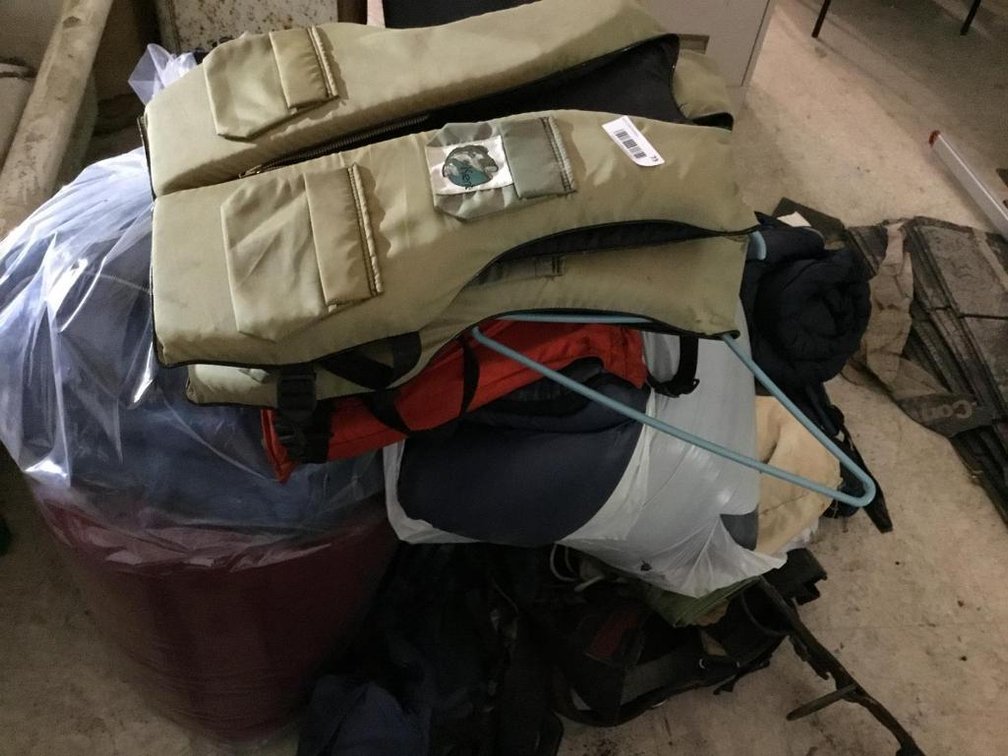 Lot of hiking and boating supplies