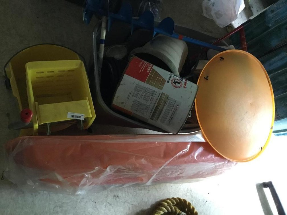 Mop bucket, sleds, gardening supplies, etc.