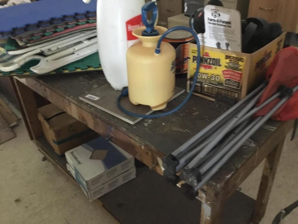 Bench on casters and contents