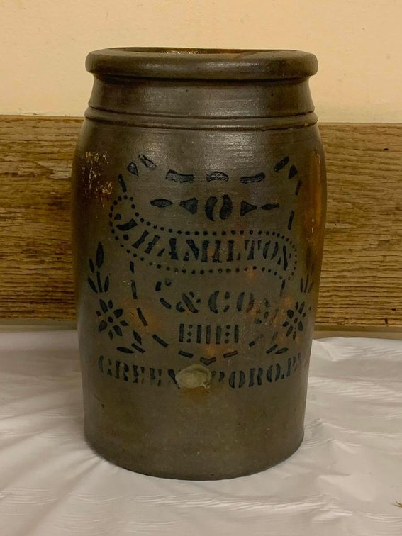 J Hamilton & Co Greensboro PA crock 10-1/2" tall (chipped in front)