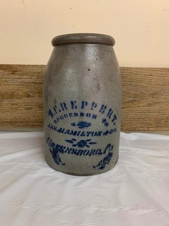 TF Reppert Greensboro PA Hamilton wax sealer 10" tall (hairline crack on bottom)