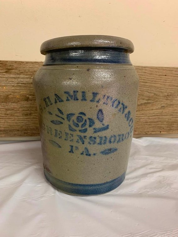 JAS Hamilton & Co Greensboro PA crock 10" tall (slightly morphed at top of crock