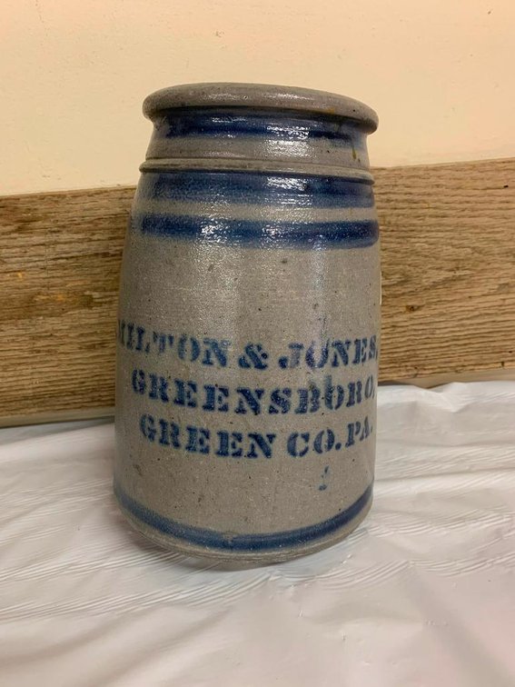 Hamilton & Jones Greensboro Greene Co PA crock 10"  (morphed at bottom & has note that Greene is misspelled?)