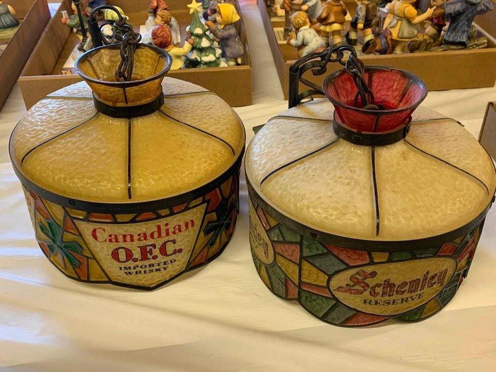 2 Vintage hanging lamps; Canadian OFC imported whiskey & Schenley Reserve