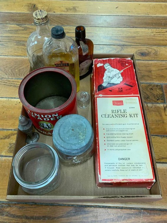 Vintage bottles; union leader tin, small atlas mason jars & rifle cleaning kit