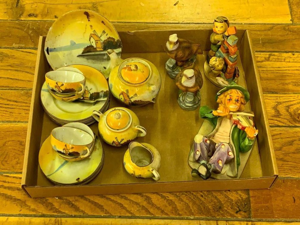 Miniature tea set and decorative figurines