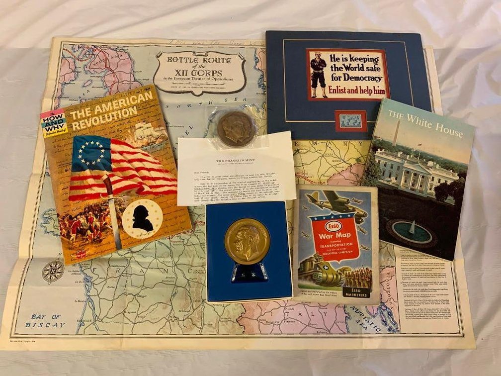 SO Brand war map, White House & American revolution books & Franklin mint commemorative coins