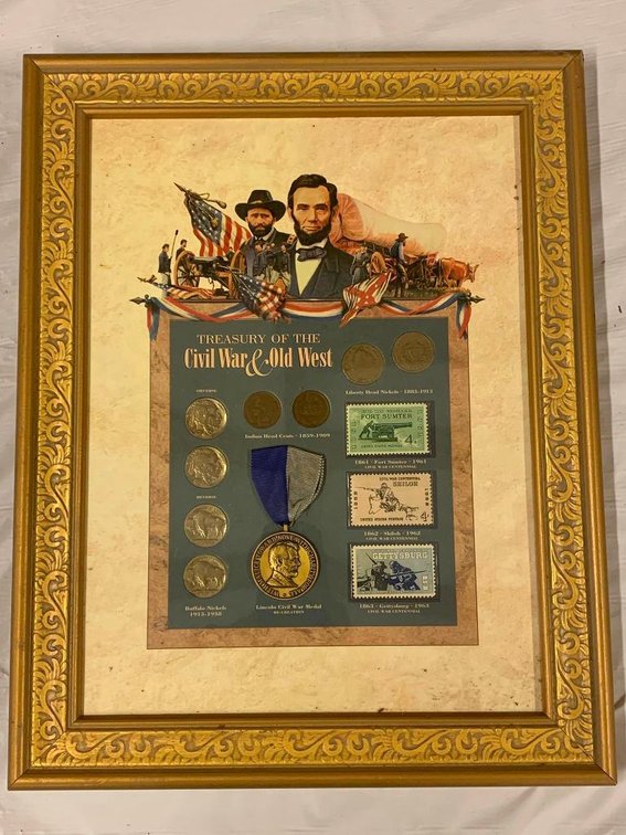 Treasury of the Civil War and Old West collectible coins in frame