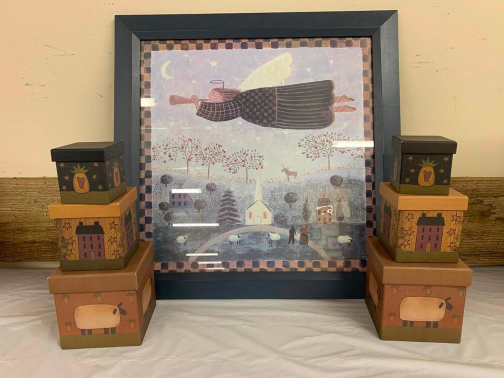 Framed print and decorative boxes