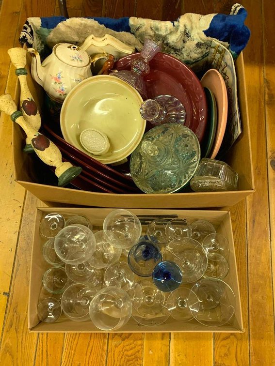 Collection of dishes and decorative items w/ wine glass collection