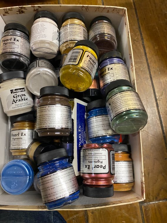 Pastel chalks, glitter glue, paint cream, decorating chalks