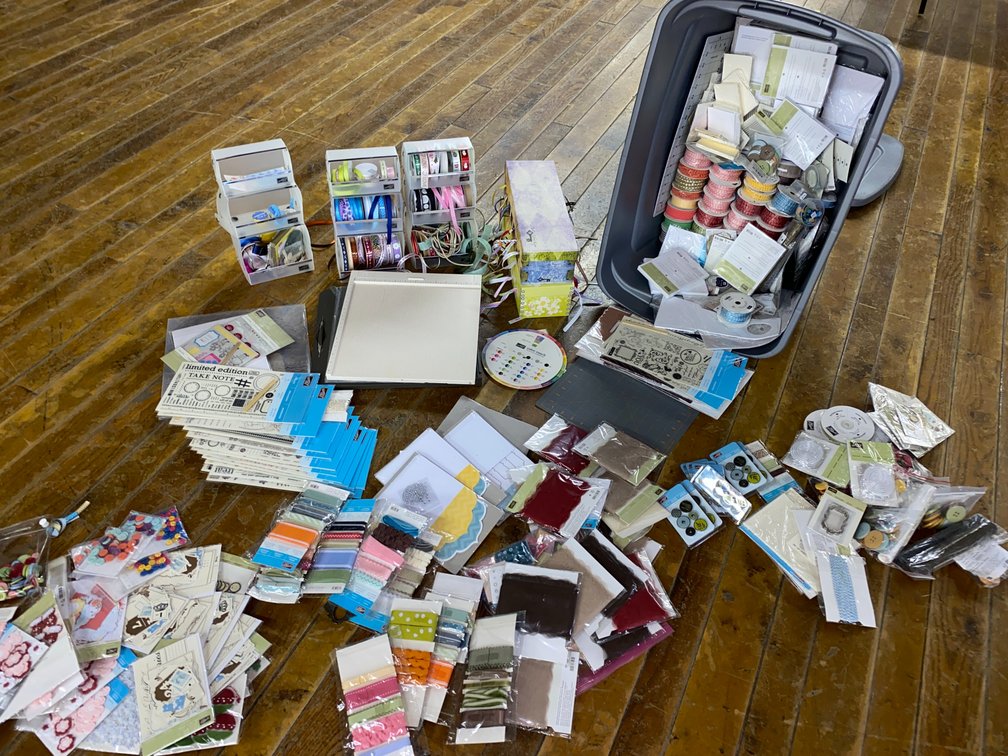 Crafting ribbons, rub on transfers, cutting mat