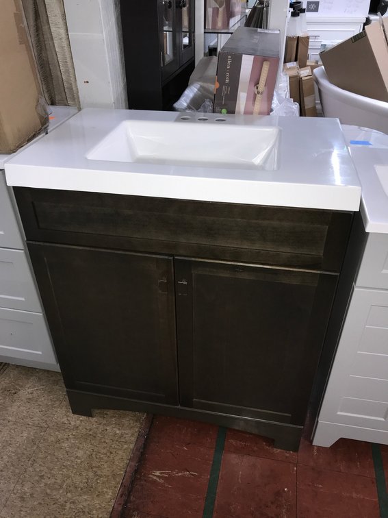 Brown and white vanity