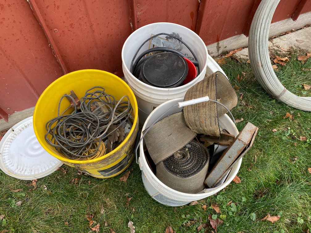 Buckets of Assorted Tools, Rachet Wraps, Chains, Wire