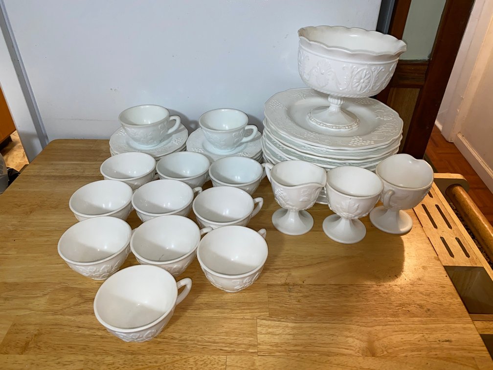 Milk glass dishes, cups, saucers, compote, creamer and sugar