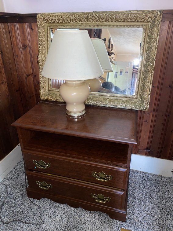 Small 2-drawer stand w/ clock and mirror