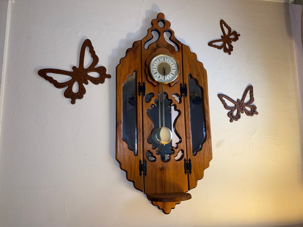 Wooden wall decor w/ clock and butterflies