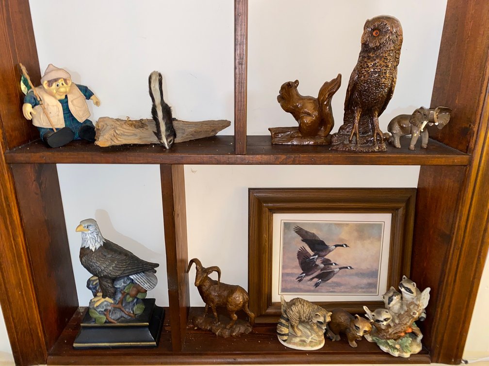Picture of geese flying, raccoons and other decorative items