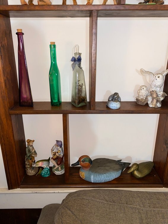 Colored bottles, ducks and owl statue