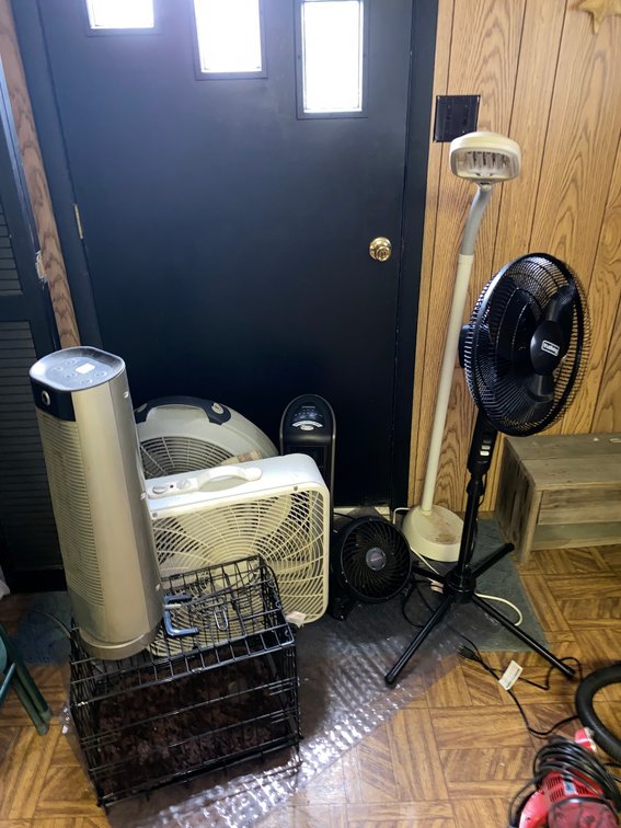 1 Box fan, 1 floor fan, ceramic element heater, small dog crate, True Living floor fan