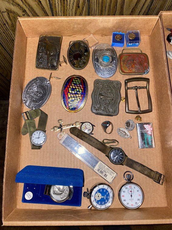 Belt buckles, pocket watch w/ US Govt. engraved on the back