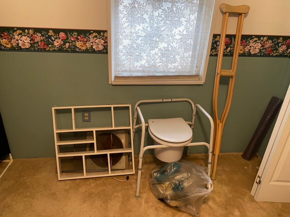 Crutches, wooden shelf and potty