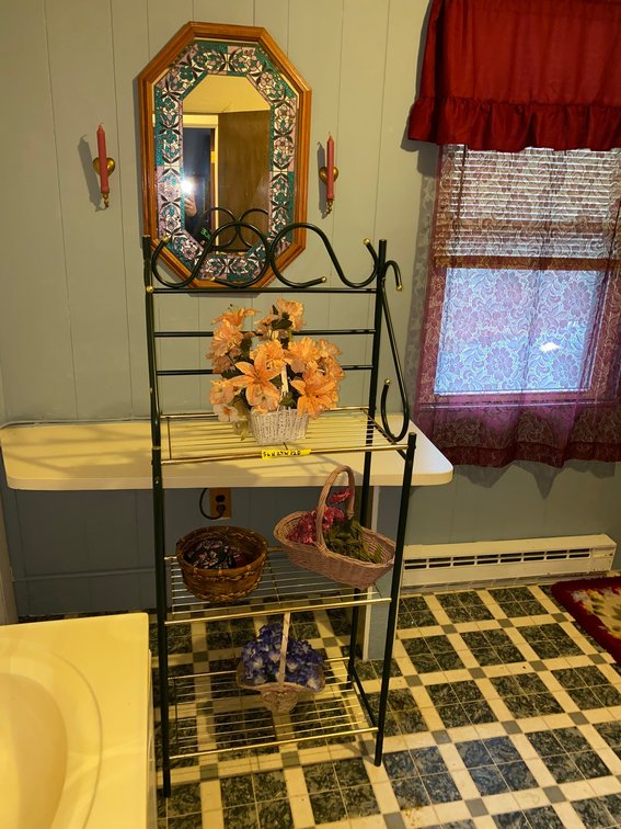 Metal stand and decorative items w/ mirror and wall sconces