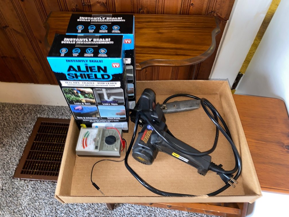 Alien Shield; seals rips, cracks, stops leaks and a work shop knife sharpener w/ battery tester
