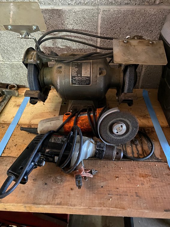 Bench grinder, drill and angle grinder
