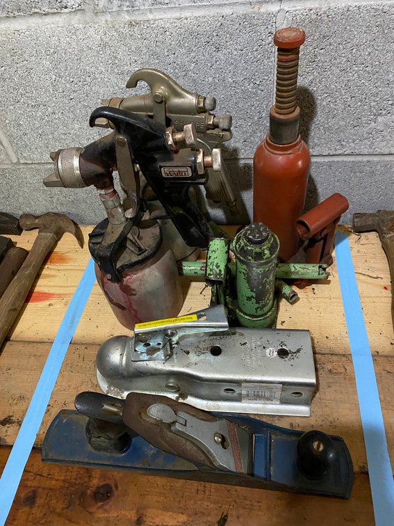 2 Paint sprayers, 2 bottle, jacks, hitch and plane