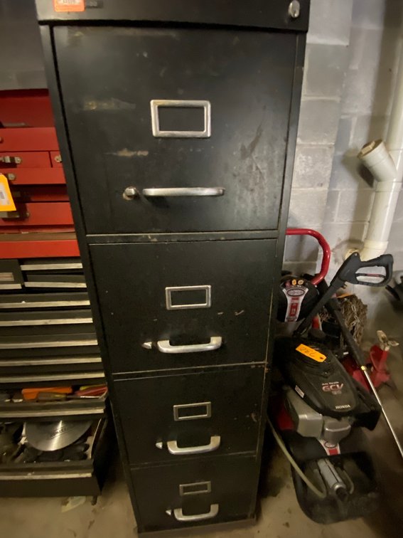4-Drawer filing cabinet w/ contents:  Drills, soldering gun, other tools